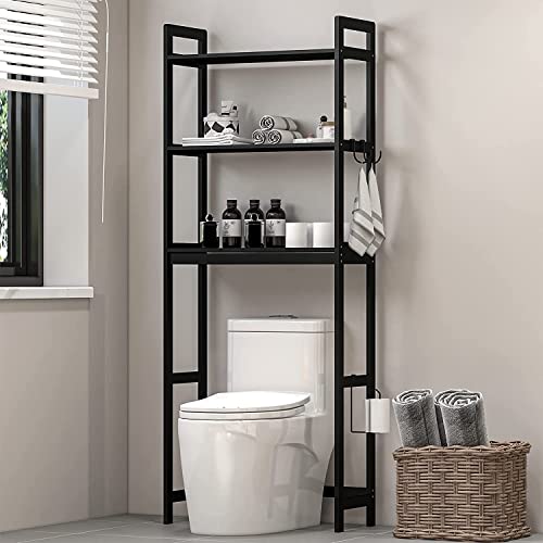 Bonzy Home Over The Toilet Storage Bamboo 3 Tier Bathroom Organizer Space Saver Bathroom Shelf Freestanding Toilet Stands with Hooks, Black