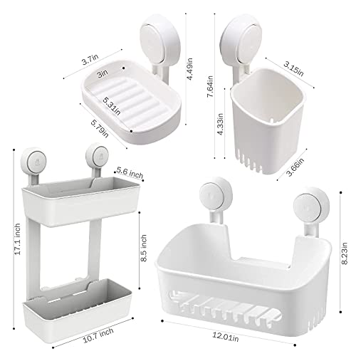 Shower Caddy Suction Cup Set Shower Basket Toothbrush Holder Soap Holder One Second Installation NO-Drilling Removable Suction Shower Organizer Powerful Waterproof Caddy Organizer - Pack of 4, White