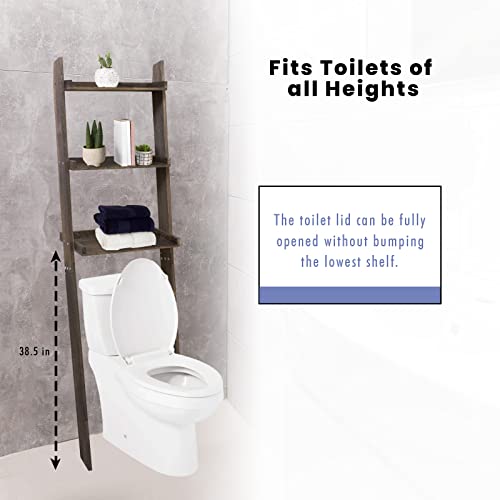 Eelexa Over The Toilet Storage Ladder Shelf 3 Tier Wooden Over Toilet Bathroom Organizer Rack for Small Space, Bathroom, Restroom, 70 Inch Tall, Dark Brown