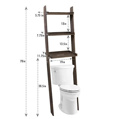 Eelexa Over The Toilet Storage Ladder Shelf 3 Tier Wooden Over Toilet Bathroom Organizer Rack for Small Space, Bathroom, Restroom, 70 Inch Tall, Dark Brown