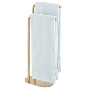 mDesign Tall Stainless Freestanding Towel Rack Holder - 2 Tier Minimalist Pedestal Hanger Holders for Kitchen and Bathroom - Racks for Bath, Hand, Dish, and Tea Towels or Washcloths - Soft Brass