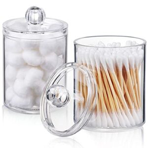2 pack dustproof storage box for cotton ball, cotton swab, cotton round pads, floss - 10 oz clear plastic apothecary jar set for bathroom canister storage organization, vanity makeup organizer