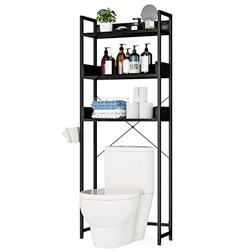 OTK Over The Toilet Storage, 3 Tier Bathroom Organizer Shelf, Freestanding Space Saver with Toilet Paper Holder, Multifunctional Over The Toilet Rack, Black