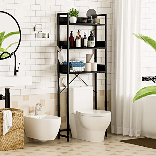 OTK Over The Toilet Storage, 3 Tier Bathroom Organizer Shelf, Freestanding Space Saver with Toilet Paper Holder, Multifunctional Over The Toilet Rack, Black