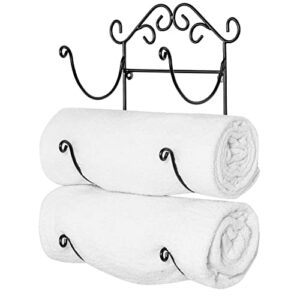 mygift wall mounted black metal towel rack holder with scrollwork design fits rolled beach towels, bath towels, hand towels and linen, 3 tier decorative towel holder for home, spa and salon