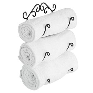 MyGift Wall Mounted Black Metal Towel Rack Holder with Scrollwork Design fits Rolled Beach Towels, Bath Towels, Hand Towels and Linen, 3 Tier Decorative Towel Holder for Home, Spa and Salon