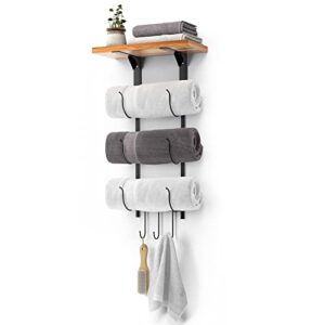 towel racks for bathroom, towel holder for bathroom wall, holder storage with wooden shelf and 3 hooks for large small towels,yoga mat foam roller