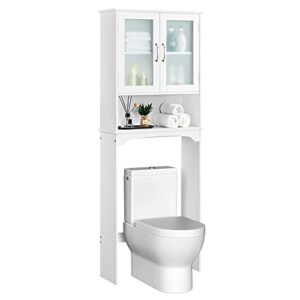 topeakmart over the toilet storage cabinet with adjustable shelf and double tempered glass doors, free standing toilet rack with open storage shelf, white