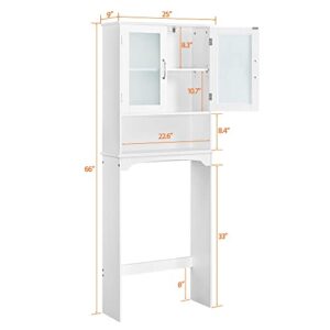 Topeakmart Over The Toilet Storage Cabinet with Adjustable Shelf and Double Tempered Glass Doors, Free Standing Toilet Rack with Open Storage Shelf, White