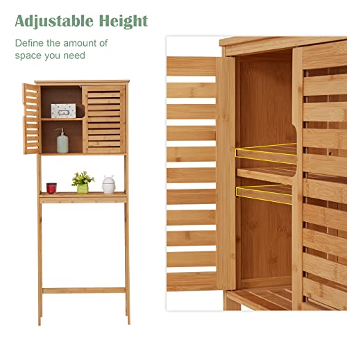 Kinfant Over The Toilet Storage Cabinet - with Adjustable Shelf and 6 Hooks Space Saver Double Door Organizer, Natural