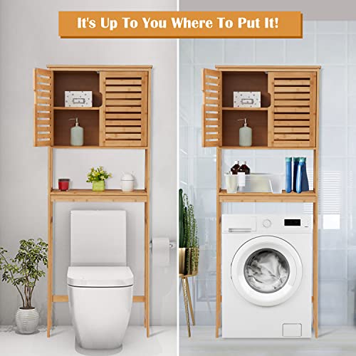 Kinfant Over The Toilet Storage Cabinet - with Adjustable Shelf and 6 Hooks Space Saver Double Door Organizer, Natural