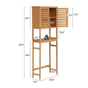 Kinfant Over The Toilet Storage Cabinet - with Adjustable Shelf and 6 Hooks Space Saver Double Door Organizer, Natural