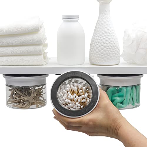 Vascito Adhesive Magnetic Canisters for Bathroom Organization, Qtip Holder, Space Saving Lidless Design, RV Storage and Organization, Under Shelf Storage (Designer White, 3 Pack)