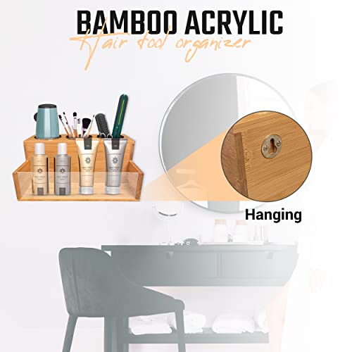 Hair Tool Organizer Bamboo and Acrylic Hair Accessories Hot Tool Holder, Wall Mount, Vanity Organization or Bathroom Sink Organizer for a Hair Dryer, Curling Iron, Flat iron, Brushes and Hair Products