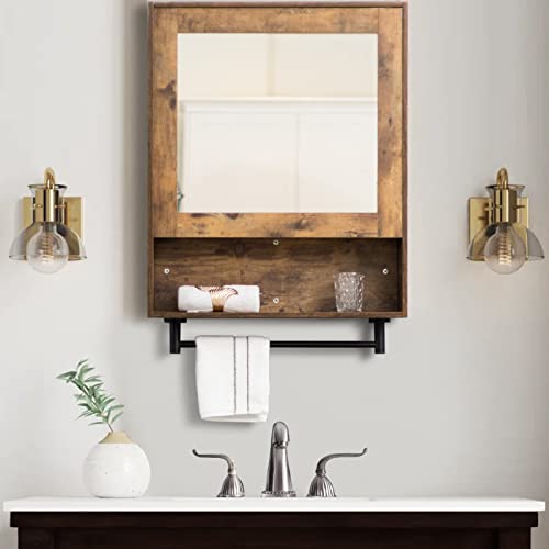 UEV Bathroom Cabinet,Dark Brown Wall Mounted Cabinet with Mirror, Retro Design with High-Definition Mirror and Tower Rack Combo,Extra Storage Space Available