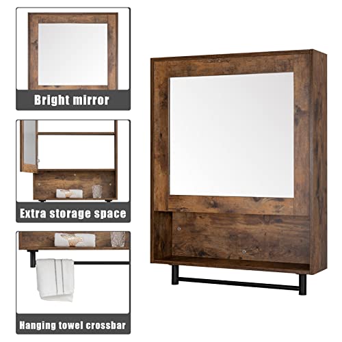 UEV Bathroom Cabinet,Dark Brown Wall Mounted Cabinet with Mirror, Retro Design with High-Definition Mirror and Tower Rack Combo,Extra Storage Space Available