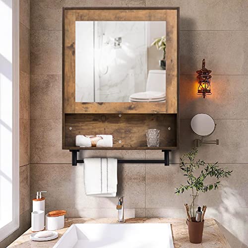 UEV Bathroom Cabinet,Dark Brown Wall Mounted Cabinet with Mirror, Retro Design with High-Definition Mirror and Tower Rack Combo,Extra Storage Space Available