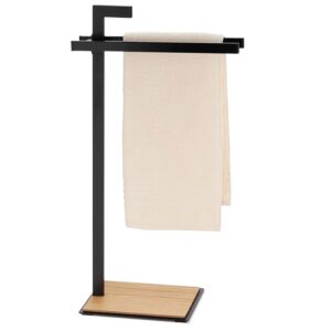 kela free standing towel rack stand for bath and hand towels - sturdy by weight - elegant by design - black matte metal with oak wood base