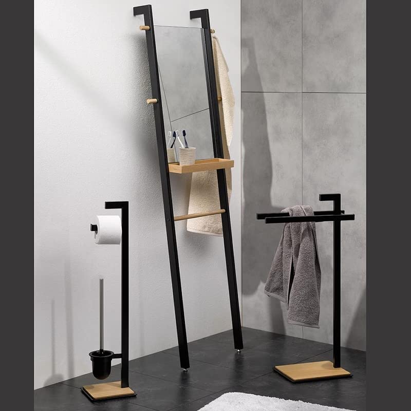 kela Free Standing Towel Rack Stand for Bath and Hand Towels - Sturdy by Weight - Elegant by Design - Black Matte Metal with Oak Wood Base