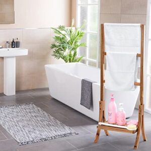 Bambu Masster Acaia Wood Towel Rack Freestanding Beach Towel,Facecloth, Small Bath Towel and Bathrobe.