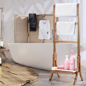 Bambu Masster Acaia Wood Towel Rack Freestanding Beach Towel,Facecloth, Small Bath Towel and Bathrobe.