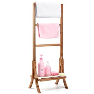 Bambu Masster Acaia Wood Towel Rack Freestanding Beach Towel,Facecloth, Small Bath Towel and Bathrobe.