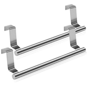 Stainless Steel Over The Door Towel Rack-Towel Holder Hang on Cabinet or Door for Kitchen, Bathroom, Laundry，Office -Holds Hanging Towels, Hand Towels,Dish Towel- 2 Pack (Silver)