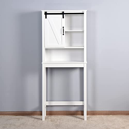 4 EVER WINNER Farmhouse Over The Toilet Storage, 67" Over The Toilet Bathroom Organizer with Sliding Barn Door, Freestanding Bathroom Space Saver Over Toilet with Adjustable Shelf, White
