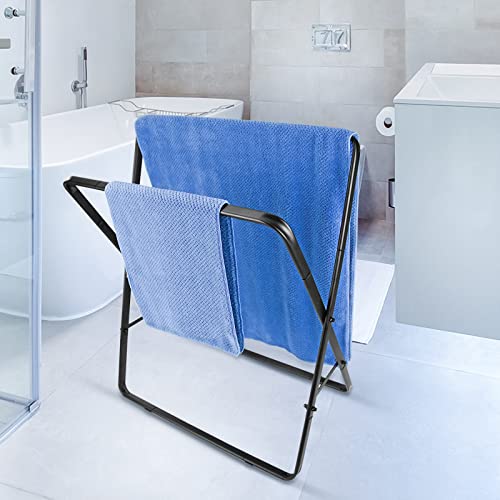 Qflushor Standing Towel Rack, 2-Tier Bathroom Towel Rack Stand Foldable, Outdoor Towel Rack Free Standing Metal for Bath Towel, Hand Towel, Blanket, Matte Black