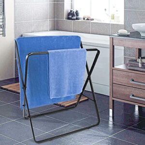 Qflushor Standing Towel Rack, 2-Tier Bathroom Towel Rack Stand Foldable, Outdoor Towel Rack Free Standing Metal for Bath Towel, Hand Towel, Blanket, Matte Black