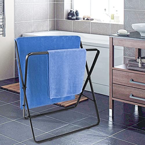 Qflushor Standing Towel Rack, 2-Tier Bathroom Towel Rack Stand Foldable, Outdoor Towel Rack Free Standing Metal for Bath Towel, Hand Towel, Blanket, Matte Black