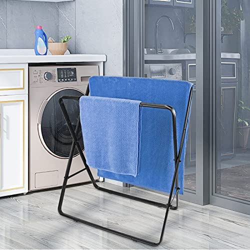 Qflushor Standing Towel Rack, 2-Tier Bathroom Towel Rack Stand Foldable, Outdoor Towel Rack Free Standing Metal for Bath Towel, Hand Towel, Blanket, Matte Black