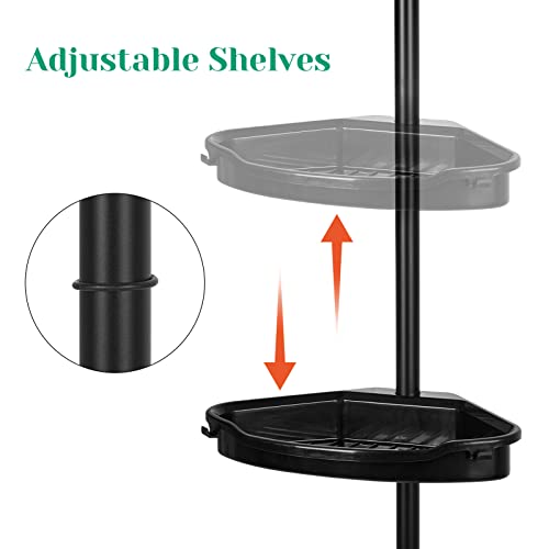 Rustproof Shower Caddy Corner for Bathroom, 4-Tier Adjustable Shelves with Tension Pole, Shower Organizer for Bathroom Accessories, up to 123 Inch, Black