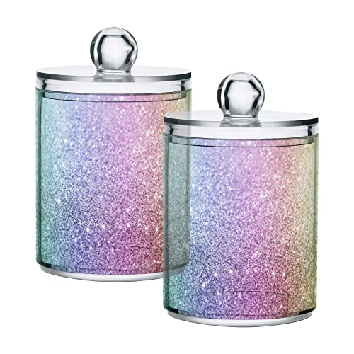 ALAZA 2 Pack Qtip Holder Dispenser Mermaid Rainbow Glitter Bathroom Organizer Canisters for Cotton Balls/Swabs/Pads/Floss,Plastic Apothecary Jars for Vanity