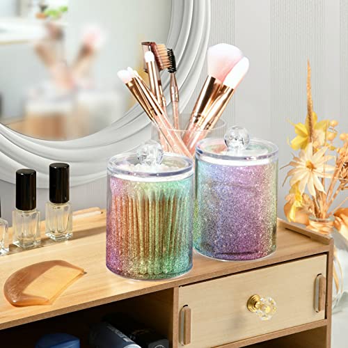 ALAZA 2 Pack Qtip Holder Dispenser Mermaid Rainbow Glitter Bathroom Organizer Canisters for Cotton Balls/Swabs/Pads/Floss,Plastic Apothecary Jars for Vanity