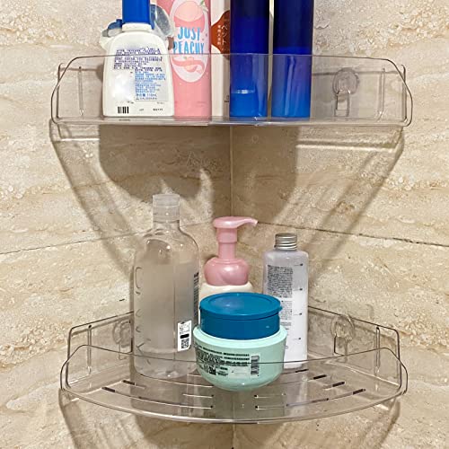 Fadilo Acrylic Corner Shower Caddy Shelf, Adhesive Wall Mounted Bathroom Shower Shelf Organizer for Inside Shower Kitchen Storage, No Drilling Clear Shower Shelves for Toilet, Shampoo, Dorm (2 Pack)