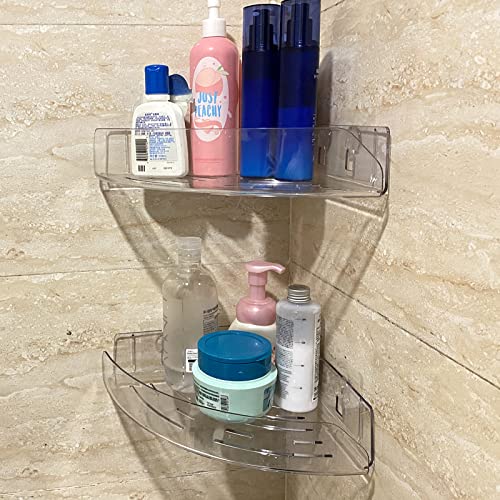 Fadilo Acrylic Corner Shower Caddy Shelf, Adhesive Wall Mounted Bathroom Shower Shelf Organizer for Inside Shower Kitchen Storage, No Drilling Clear Shower Shelves for Toilet, Shampoo, Dorm (2 Pack)