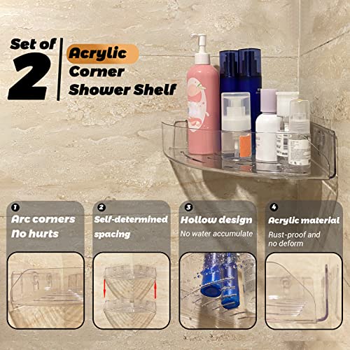 Fadilo Acrylic Corner Shower Caddy Shelf, Adhesive Wall Mounted Bathroom Shower Shelf Organizer for Inside Shower Kitchen Storage, No Drilling Clear Shower Shelves for Toilet, Shampoo, Dorm (2 Pack)