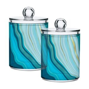 boenle 2 pack qtip holder dispenser teal turquoise blue marble bathroom storage canister lid acrylic plastic apothecary jar set vanity makeup organizer for cotton swab/ball/round pads, floss