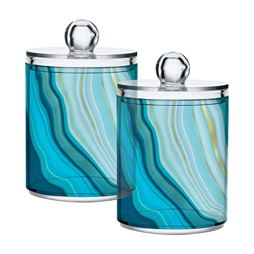 BOENLE 2 Pack Qtip Holder Dispenser Teal Turquoise Blue Marble Bathroom Storage Canister Lid Acrylic Plastic Apothecary Jar Set Vanity Makeup Organizer for Cotton Swab/Ball/Round Pads, Floss