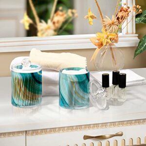 BOENLE 2 Pack Qtip Holder Dispenser Teal Turquoise Blue Marble Bathroom Storage Canister Lid Acrylic Plastic Apothecary Jar Set Vanity Makeup Organizer for Cotton Swab/Ball/Round Pads, Floss