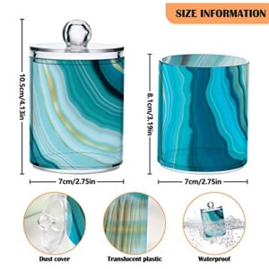 BOENLE 2 Pack Qtip Holder Dispenser Teal Turquoise Blue Marble Bathroom Storage Canister Lid Acrylic Plastic Apothecary Jar Set Vanity Makeup Organizer for Cotton Swab/Ball/Round Pads, Floss