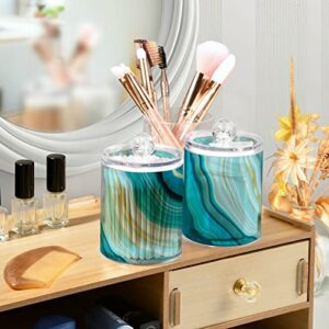 BOENLE 2 Pack Qtip Holder Dispenser Teal Turquoise Blue Marble Bathroom Storage Canister Lid Acrylic Plastic Apothecary Jar Set Vanity Makeup Organizer for Cotton Swab/Ball/Round Pads, Floss