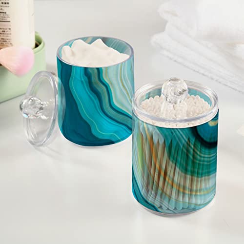 BOENLE 2 Pack Qtip Holder Dispenser Teal Turquoise Blue Marble Bathroom Storage Canister Lid Acrylic Plastic Apothecary Jar Set Vanity Makeup Organizer for Cotton Swab/Ball/Round Pads, Floss