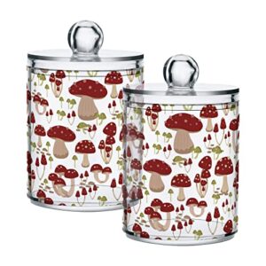 alaza mushroom red cartoon 2 pack qtip holder dispenser w/ lid 14 oz plastic apothecary jar containers bathroom for cotton swab, ball, pads, floss, vanity makeup organizer (g286950493p746c790s1724)