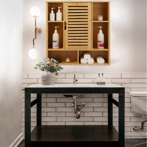 HOMBOUR Bathroom Wall Mounted Cabinet, Over The Toilet Space Saver Storage Cabinet, 3-Tier Bamboo Medicine Cabinet with Door and Shelves for Bathroom, Kitchen, Living Room