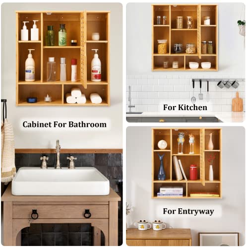 HOMBOUR Bathroom Wall Mounted Cabinet, Over The Toilet Space Saver Storage Cabinet, 3-Tier Bamboo Medicine Cabinet with Door and Shelves for Bathroom, Kitchen, Living Room