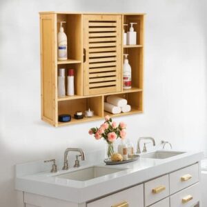 HOMBOUR Bathroom Wall Mounted Cabinet, Over The Toilet Space Saver Storage Cabinet, 3-Tier Bamboo Medicine Cabinet with Door and Shelves for Bathroom, Kitchen, Living Room