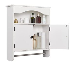 GREATMEET Wood Bathroom Cabinet with Towels Bar and 2 Shelves, Wood Towel Cabinet with 2 Doors, Medicine Wall Mounted Cabinets for Bathroom, Laundry Room, Kitchen, White