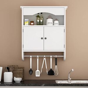 GREATMEET Wood Bathroom Cabinet with Towels Bar and 2 Shelves, Wood Towel Cabinet with 2 Doors, Medicine Wall Mounted Cabinets for Bathroom, Laundry Room, Kitchen, White